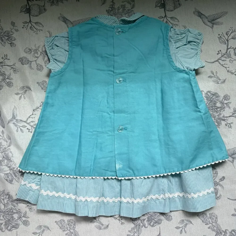 Vtg Appliqué Bunny Dress Layered Turquoise Blue Stripes Collar Girls 4T XS